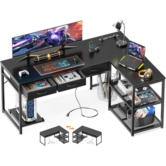 AODK 53 Inch L Shaped Computer Desk with Drawers, Corner Desk with Power Outlets & Reversible Storage Shelves, Movable CPU Stand for Home Office Gaming, Black