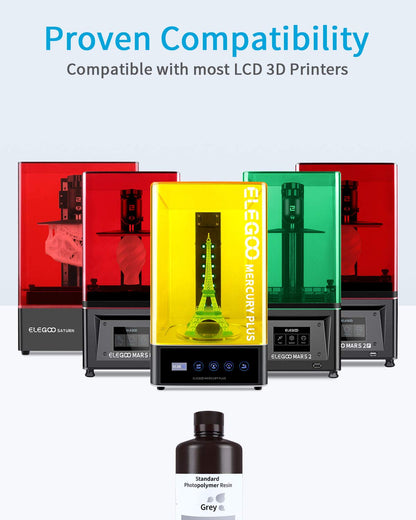 ELEGOO Standard 3D Printer Photopolymer Resin Grey 1000g, High Precision Printing Resin 405nm Low Odor UV-Curing for LCD/DLP/MSLA 3D Printer