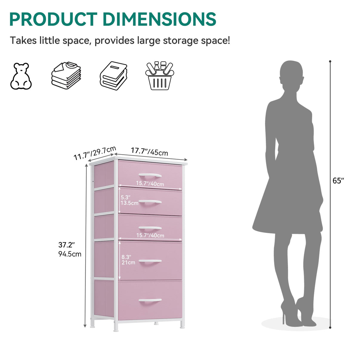 YITAHOME 5 Drawers Dresser - Fabric Dresser, Organizer Unit for Living Room, Closets(Pink) YITAHOME
