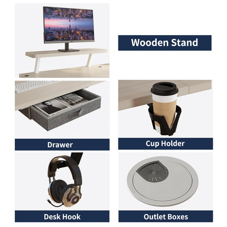 HEONAM Electric L Shape Standing Desk with Drawer, 63x47 Inches Height Adjustable Sit Stand Up Desk with Storage Shelf, Home Office Desk Computer Workstation with White Pearwood Top/White Frame HEONAM