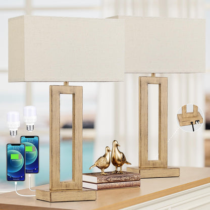 22" Tall Living Room Lamps for Night Stands - Touch Bedside Lamp with USB C+A, 3 Way Dimmable Bedroom Lamps for End Tables Set of 2, Modern Night Stand Lamps(Beige&Wood-Like)