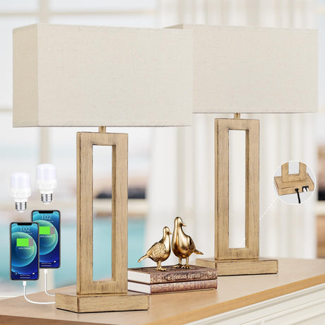 22" Tall Living Room Lamps for Night Stands - Touch Bedside Lamp with USB C+A, 3 Way Dimmable Bedroom Lamps for End Tables Set of 2, Modern Night Stand Lamps(Beige&Wood-Like) Seealle