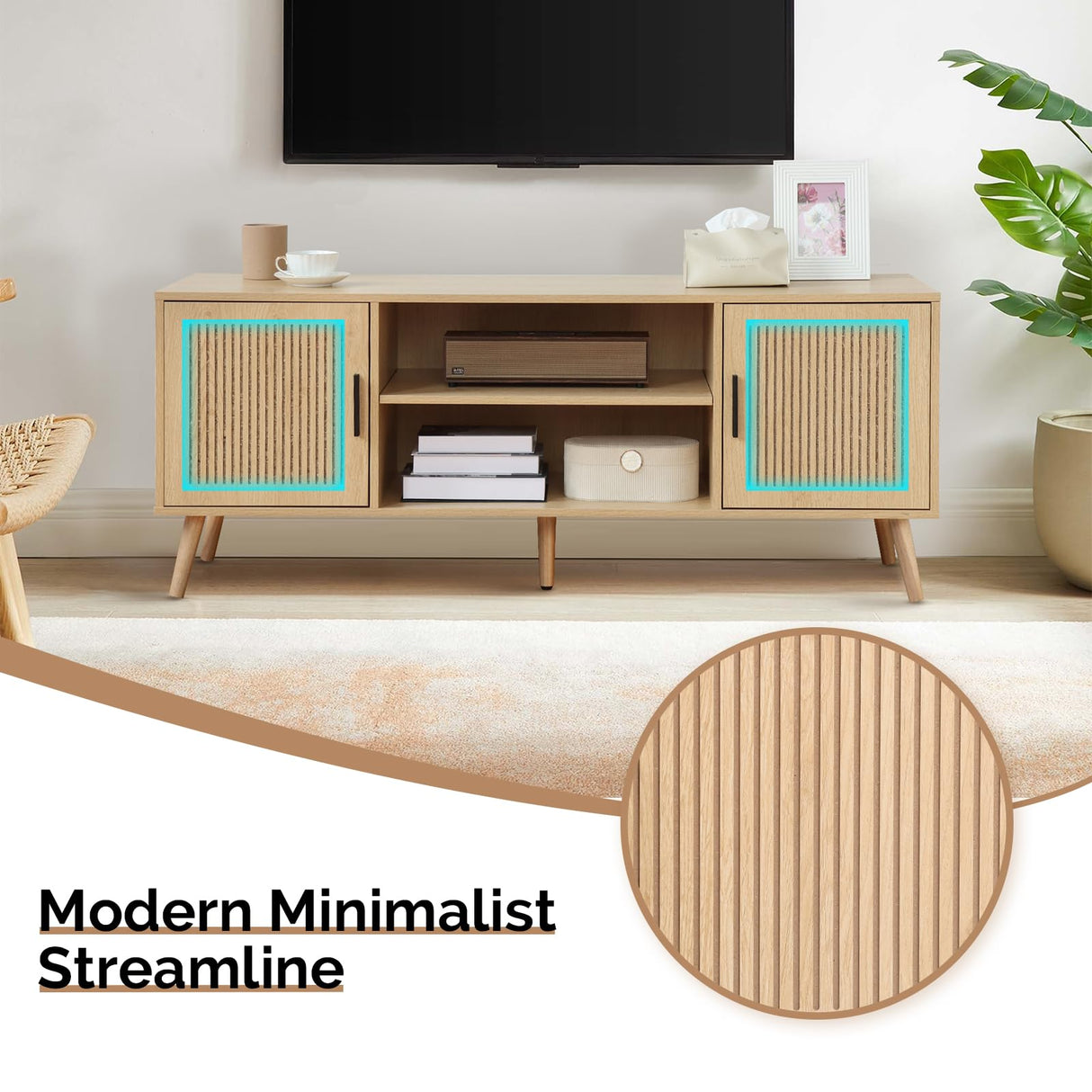 Modern TV Stand for 65 Inch TV, Entertainment Center with 2 Storage Cabinets and Adjustable Shelf, Solid Wood Feet, 4 Cord Holes, Groove Wave Media TV Console Table for Living Room Bedroom (Natural) Generic