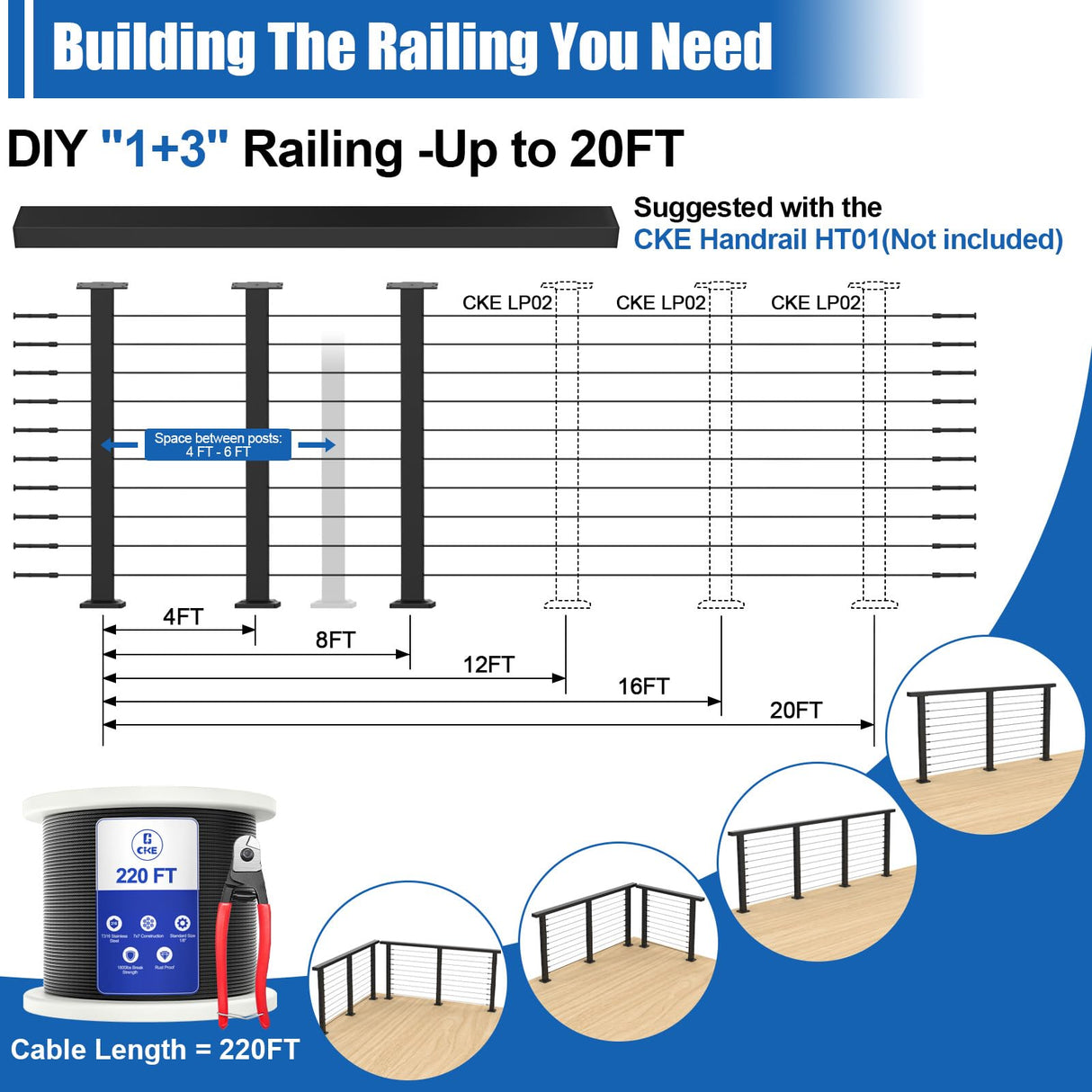 CKE 10ft-15ft Complete Set 36" Cable Railing Post Kit, 3Pack Black Level Drilled Line Posts(35"x2"x2"), Swageless Deck Cable Railing System Kit, 220ft 1/8" Wire Rope(No Handrail), Black Post Kit LPS02 CKE