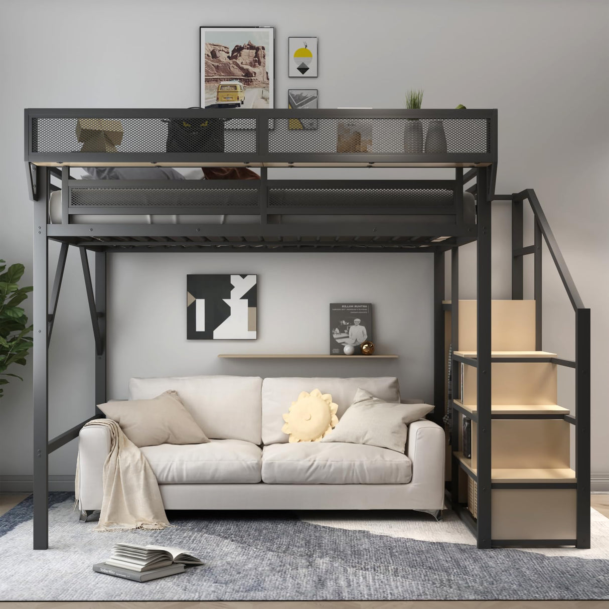 DaiNNCN Queen Size Loft Bed with Convertible Stairs and Storage Shelves, Metal Loft BedFrame with Wardrobe and Ladder for Kids,Teens,Adults, No Box Spring Needed, No Noise, Black DaiNNCN