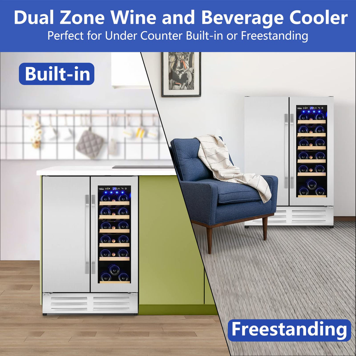 Velieta Outdoor Wine and Beverage Refrigerator,24 Inch Dual Zone Wine Beverage Cooler, Built-in/Freestanding Beer and Wine Fridge with a Powerful Compressor, 20 Bottles and 88 Cans Capacity Velieta