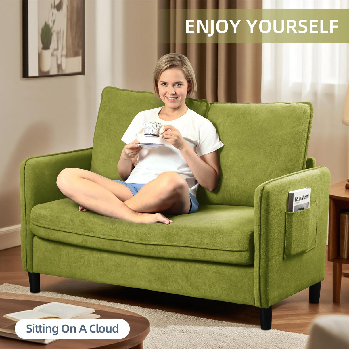 Zoxeions 51" Small Loveseat Sofa, Comfy Teddy Fabric with LED Mood Lighting Perfect for Bedroom, Living Room & Small Spaces, Tool-Free Assembly, Solid Wood Mini Couch for Apartment, Dorm Zoxeions