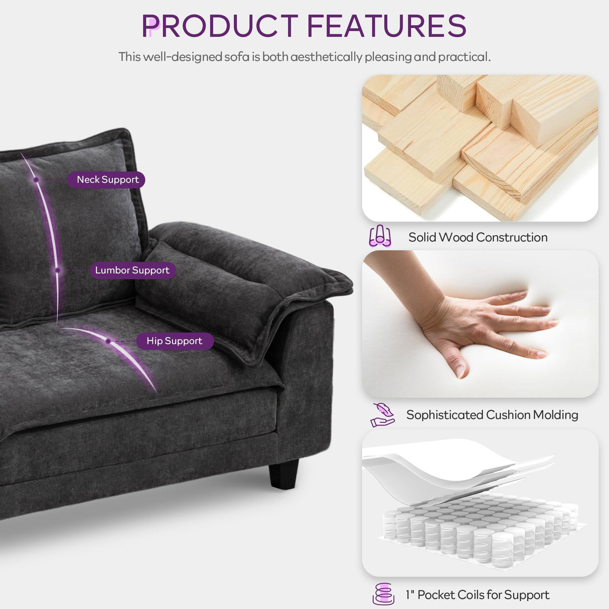 TYBOATLE 85" W Living Room Couch, Comfy Mid-Century Modern Grey Couch w/2 USB Charger & Wide Arms, 3 Seater Sofa w/2 Side Pockets for Bedroom, Apartment, Office TYBOATLE