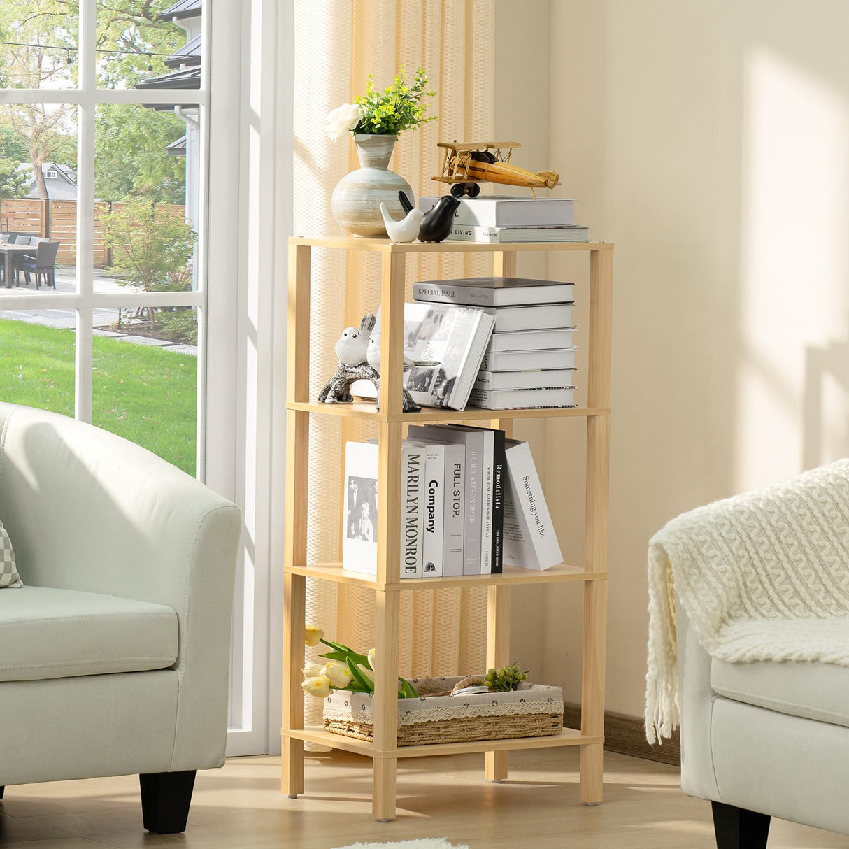 YUFAM 4-Tier Tall Natural Bamboo Bookshelf - Space-Saving Storage for Home and Office YUFAM