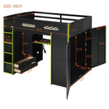 SOFTSEA Full Size Gaming Loft Bed with Desk, Wood Loft Bunk Bed with Wardrobe, Drawers, LED Light & USB Ports, Full Gaming Bed with Desk Underneath and Storage, Green & Black SOFTSEA