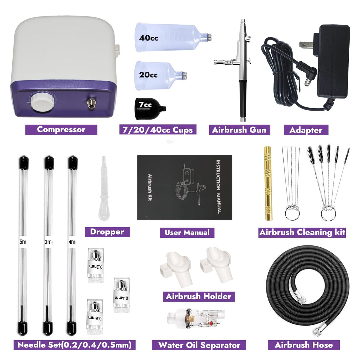 50 PSI Airbrush Kit with Air Compressor, High Pressure Airbrush Kit Non-Clogging with 0.2/0.4/0.5mm Nozzle/Cleaning Sets, Dual-action Air Brush for Painting, Modeling, Cake Decor, Makeup, Nails, DIY Fleoriya