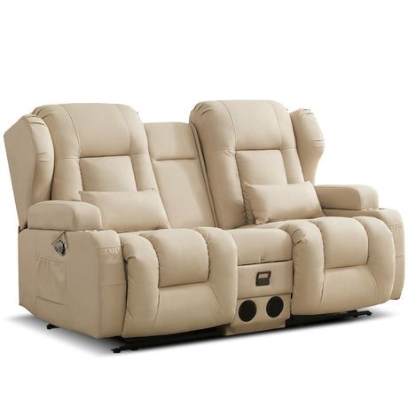 DRMBOOK Loveseat Rocker Recliner Sofa, Leathaire Fabric Double Reclining Couches with Console, Manual Reclinable Dual Recliner, RV Movie Theater Seating with USB/Bluetooth Speaker (Leathaire Beige) DRMBOOK
