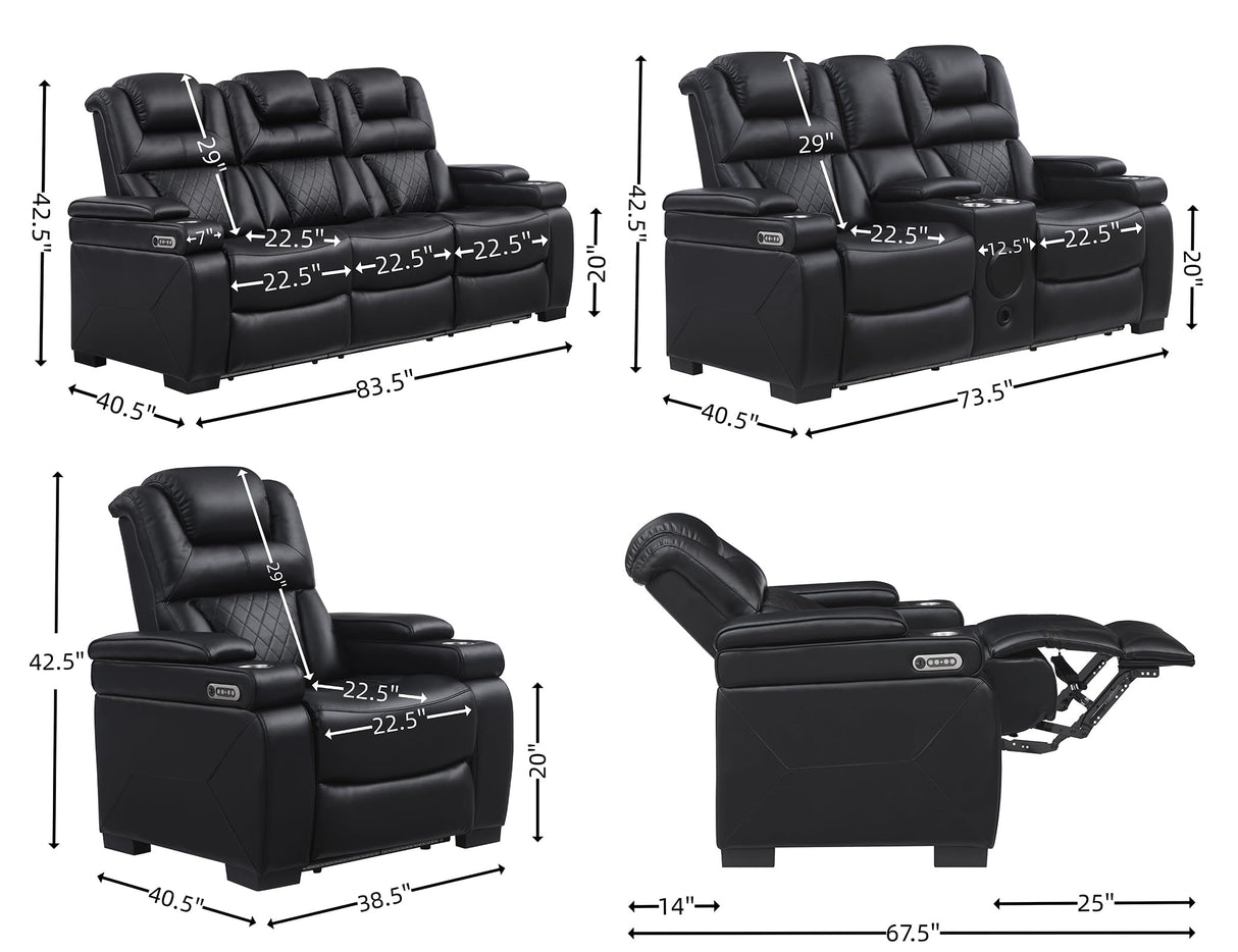 THSUPER Power Breathable Leather Reclining Sofa and Loveseat Set with LED Light, Home Theater Seating Recliner Couch with Adjustable Headrest/Reading Light/USB Port/Bluetooth Speaker, Black THSUPER