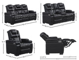 THSUPER Power Breathable Leather Reclining Sofa and Loveseat Set with LED Light, Home Theater Seating Recliner Couch with Adjustable Headrest/Reading Light/USB Port/Bluetooth Speaker, Black THSUPER