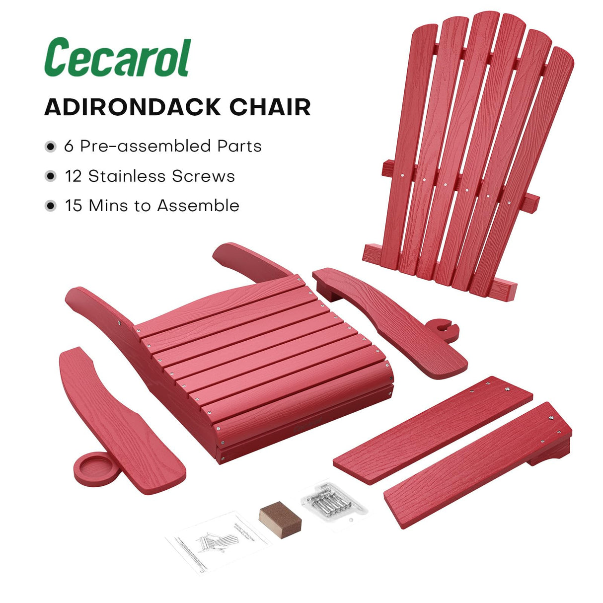 Cecarol Oversized Adirondack Chair Plastic, Outdoor Fire Pit Chair with Cup Holder, Adirondack Patio Chair Weather Resistant for Outside, Porch, Lawn, Garden- AC01, Red(Wood Grain) Cecarol