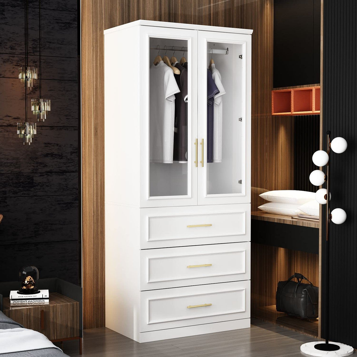 FAMAPY Wardrobe Closet with 2 Glass Doors & 3 Drawers, Armoire Wardrobe Closet with Hanging Rod, Gold Metal Handles, Bedroom Armoire Closet White (31.7”W x 19.3”D x 74.9”H) FAMAPY