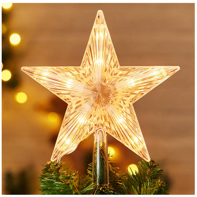 Christmas Tree Topper Lighted Star with Built-in 10 Replaceable Bulbs, 9.5” Clear Five-Pointed Star Tree Topper Plug in for Indoor Office Xmas New Year Holiday Tree Decoration, Warm White