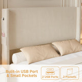 VINTLJUS King Size Bed Frame and Headboard, Upholstered King Bed Frame with Tall Wingback Headboard & Footboard, USB Ports, Easy Assembly, Beige VINTLJUS