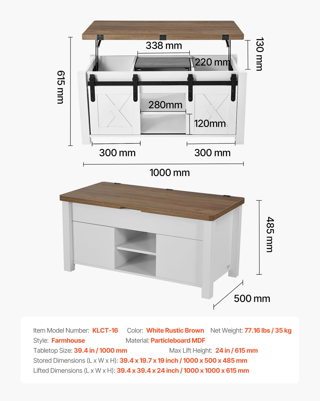 VEVOR 39.4 in Farmhouse Lift Top Coffee Table, Rustic Center Table with Barn Door and Hidden Storage Compartment, Modern Rectangle Lifting Tabletop for Living Room, Office, Home, Easy Assembly, Brown VEVOR
