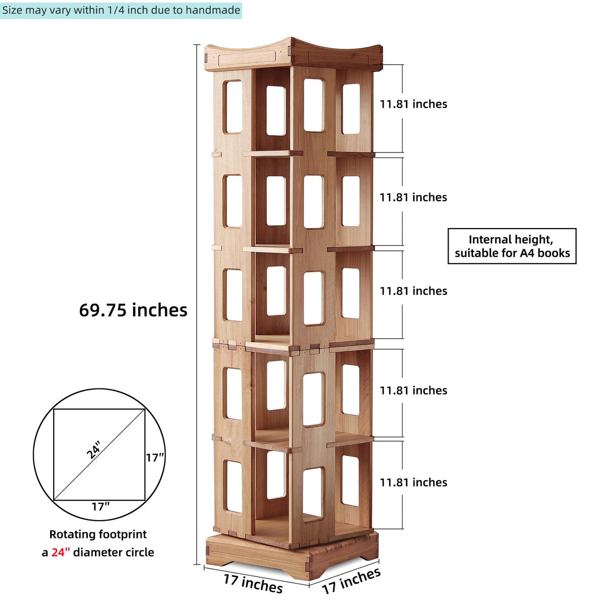 unununu Wooden Rotating Bookshelf, Larger Solid Wood Revolving Bookcase,360°Spinning Book Shelf Tower,Floor Standing Storage Rack,Corner Organizer for Small Space,Study,Office,17"x17"x69.75"(5-Tier) unununu
