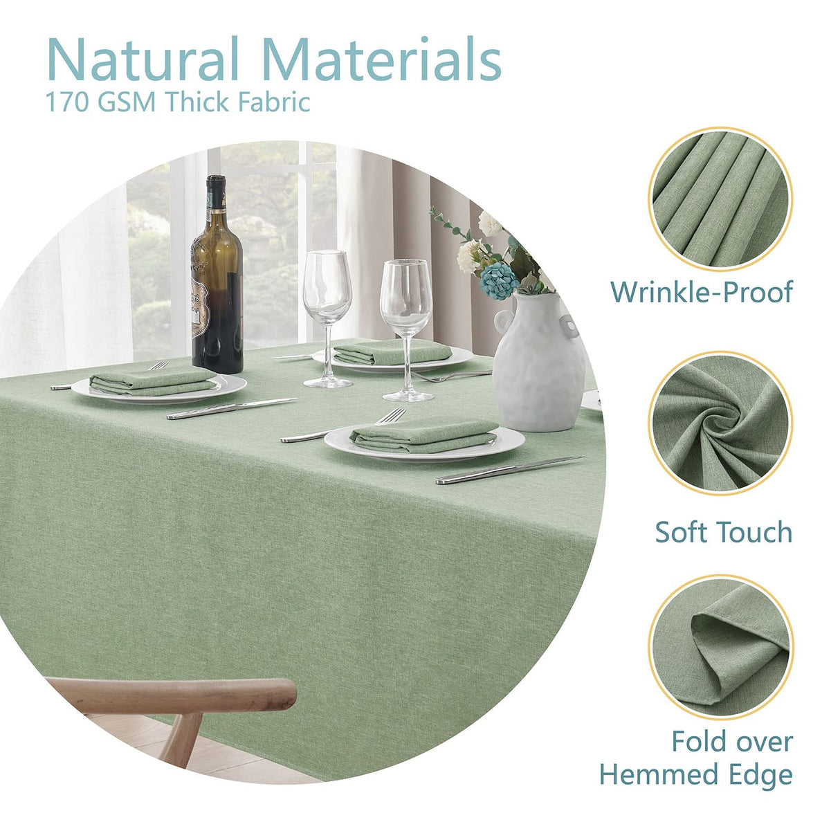 Veblandy Rectangle Tablecloth Linen Textured Waterproof & Stain Resistant Table Cloth Wrinkle Free Decorative Fabric Farmhouse Table Cover for Dining/Party/Buffet/Wedding, 52 x 70 Inch, Sage Green Veblandy
