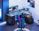 Coleshome L Shaped Computer Desk with 6 Drawers & Power Outlet, 55 Inch Corner Desk with Reversible Storage Shelf & File Drawer, Home Office Desk, Grey Oak Coleshome