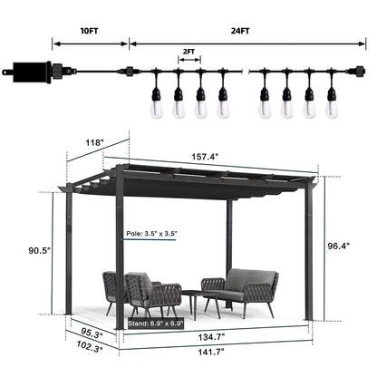 PURPLE LEAF 10' x 13' Outdoor Retractable Pergola with Double Sun Shade Canopy Patio Aluminum Pergola with String Lights for Backyard Deck Garden, Gray