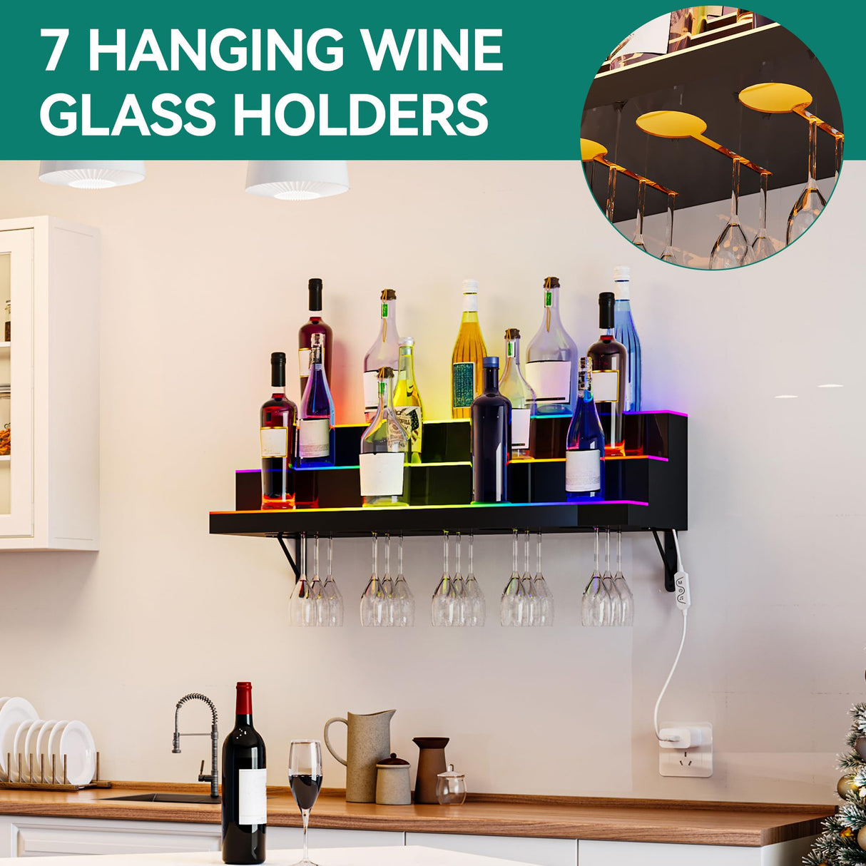 YITAHOME LED Light Liquor Bottle Display Shelf, 3-Step 30-inch Wall Mounted Wine Rack, Acrylic Liquor Shelf with Wine Glass Holder Slots, Remote & App Control for Home Commercial Bar YITAHOME