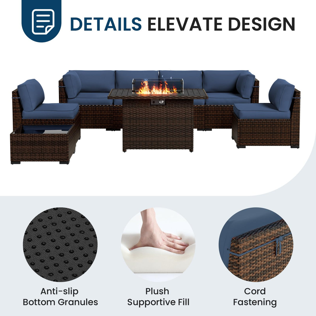 Amopatio 8 Pieces Patio Furniture Set with 44" Fire Pit Table, Outdoor Sectional Furniture Rattan Conversation Sofa, Patio Couch with Glass Coffee Table, 2 Waterproof Covers (Navy Blue) Amopatio