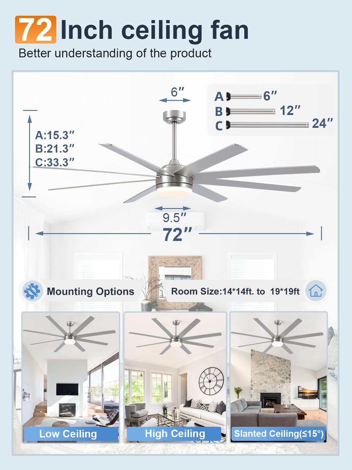 YUHAO 72 Inch Brushed Nickel Ceiling Fan with Light and Remote Control.Noiseless,Dimmable,3CCT,6 Speeds Reversible, DC Ceiling Fans for Indoor or Covered Outdoor YUHAO