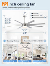 YUHAO 72 Inch Brushed Nickel Ceiling Fan with Light and Remote Control.Noiseless,Dimmable,3CCT,6 Speeds Reversible, DC Ceiling Fans for Indoor or Covered Outdoor YUHAO