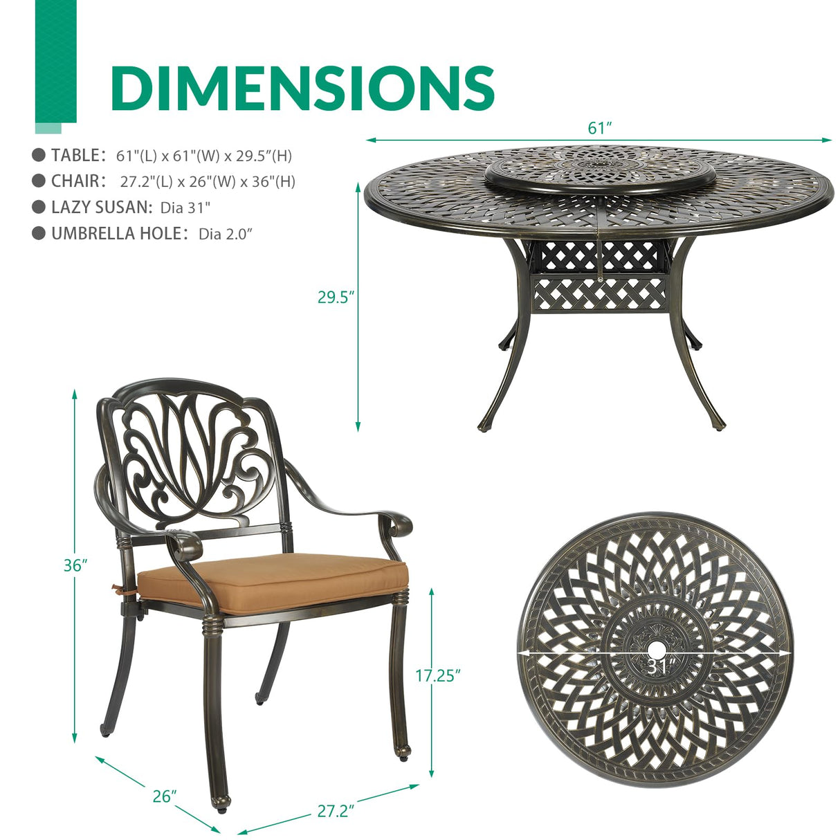 VIVIJASON 9-Piece Patio Furniture Dining Set, Rust-Free Cast Aluminum Outdoor Conversation Set, Include 8 Cushioned Chairs & 61" Round Dining Table with 31" Lazy Susan, Umbrella Hole, Khaki VIVIJASON