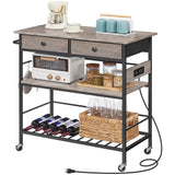 HOOBRO Kitchen Island with Storage, Rolling Island Cart for Kitchen with 2 Drawers & Outlet, 3 Tier Coffee Station and Microwave Stand, Kitchen Island Table for Home, Greige and Black BG08UZD01 HOOBRO