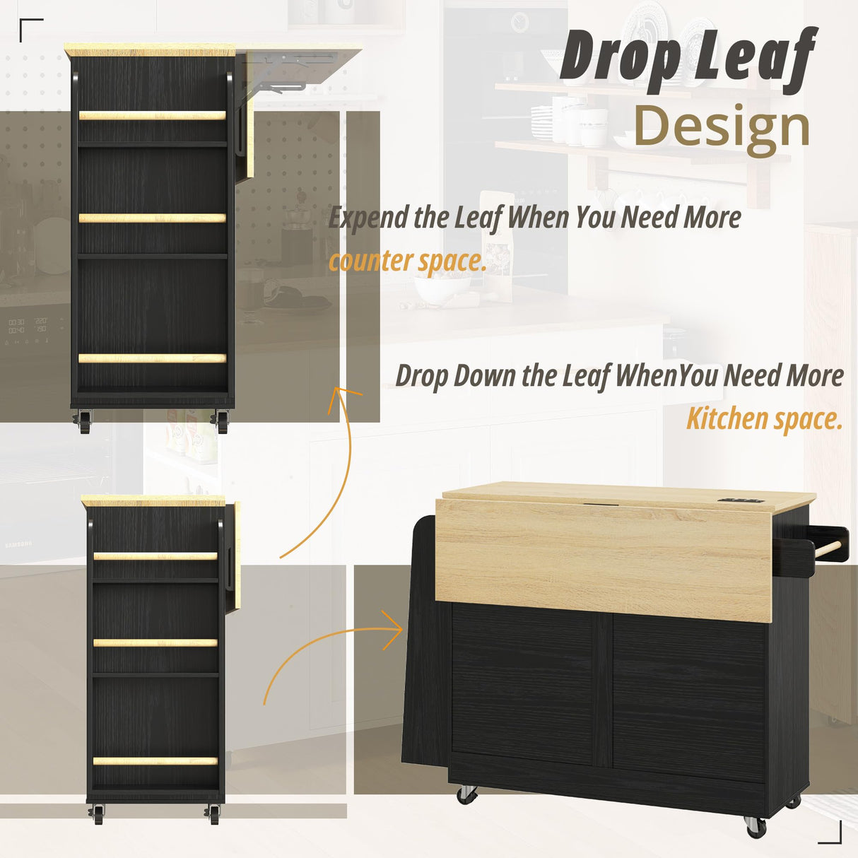 IRONCK Kitchen Island Cart with Storage, Rolling Kitchen Table with Power Outlet, Storage Cabinets on Wheels with Drop Leaf, Portable for Dining Room, Black IRONCK