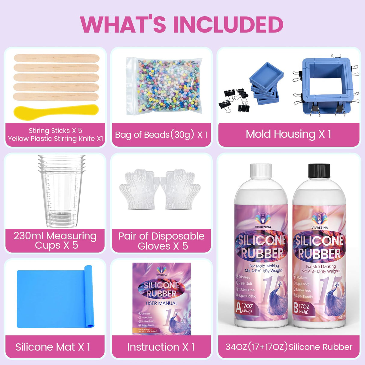 Vivresina Silicone Mold Making Kit 34 OZ with Mold Housing, 15A Super Elastic Liquid Platinum Rubber Translucent Clear for Fidget Pad Resin Molds Silicone Molds Vivresina