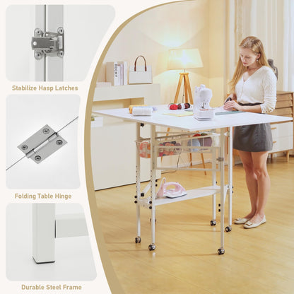 CRAFTEASE Home Hobby Cutting Table 59" W x 36" D, Height Adjustable Craft Table with 2 Drawers and Storage Shelf, Folding Sewing Table Mobile Standing Table for Home Office Studio