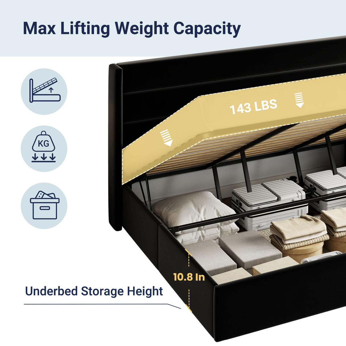 Allewie King Size Velvet Lift Up Storage Bed, Modern Wingback Headboard, Hydraulic Support, No Box Spring Needed, Black Allewie