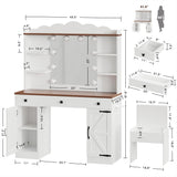 IRONCK Vanity Desk with Mirror and Lights, Farmhouse Makeup Vanity with Charging Station & Vanity Stool, Vanity Table with 3 Large Drawers and 2 Cabinets for Women Girls Bedroom, White IRONCK