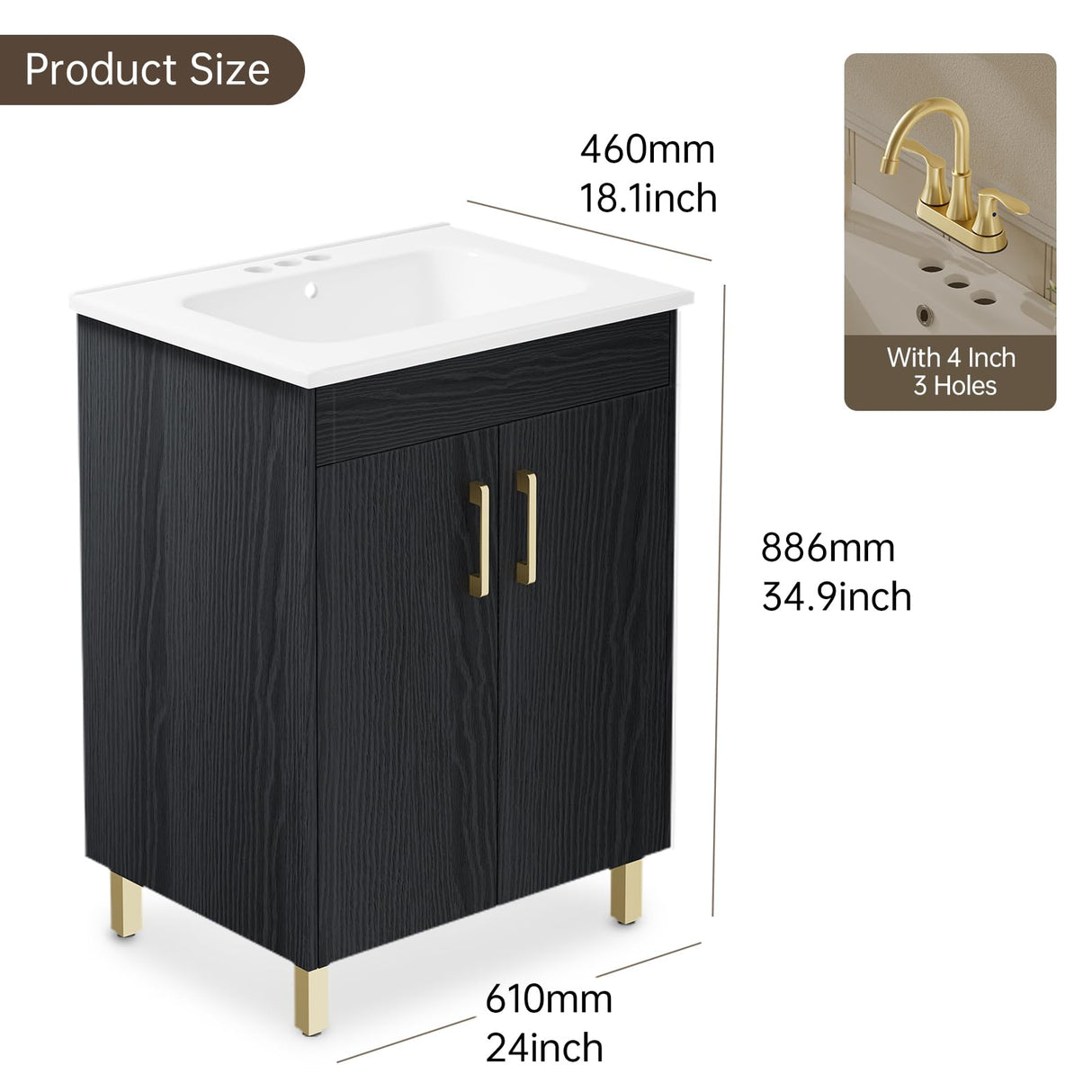 phiestina Fully Pre-Assembled Black 24 Inch Bathroom Vanity with Single Ceramic Countertop Sink Combo, 2 Soft Close Doors Bathroom Cabinet Set, Faucet Not Included,BV01-BLACK-JH phiestina