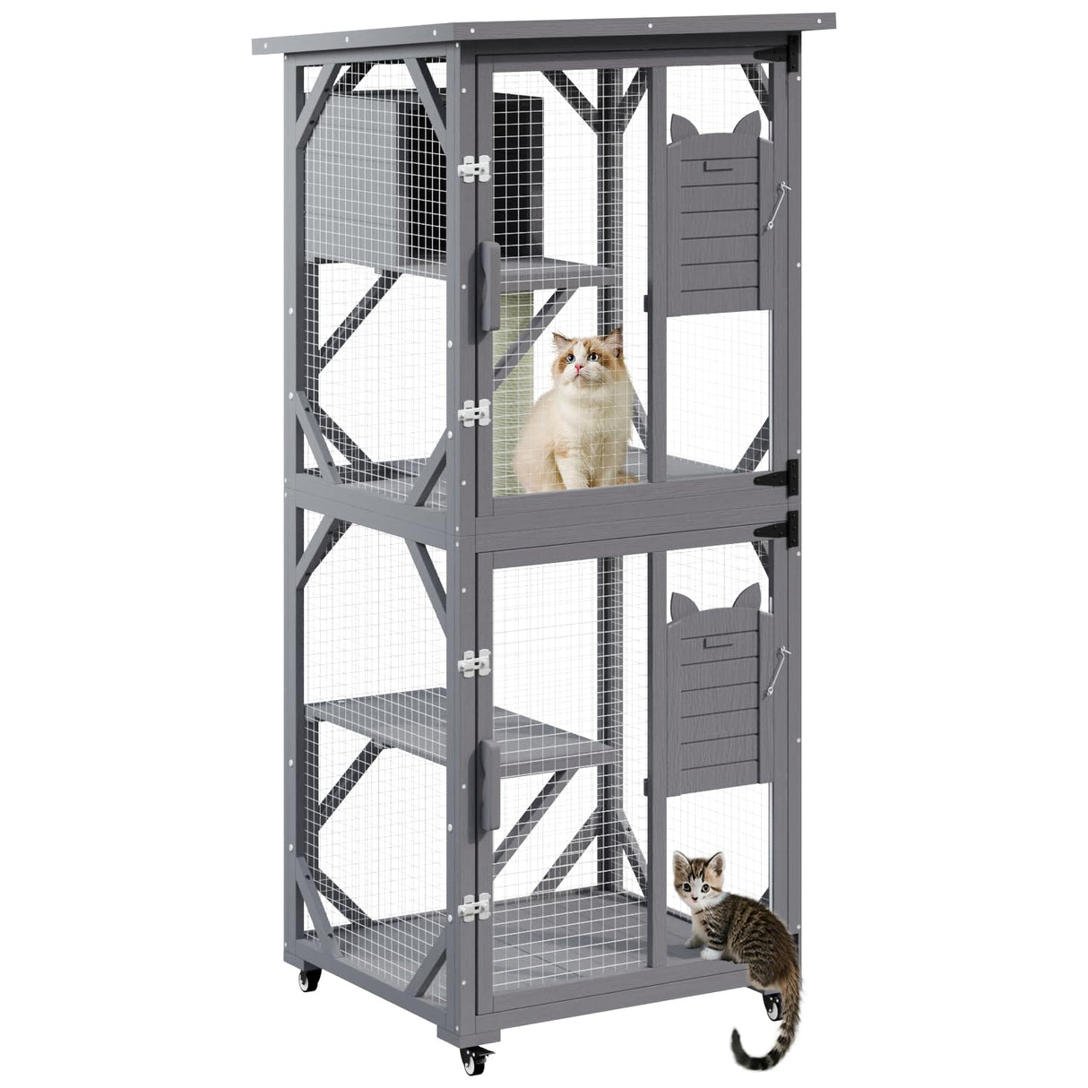 LEMBERI Cat House Catio Outdoor Enclosure Window, 71" Large Outside Patio Wooden Cat Cage with Wheels, Scratching Post, Waterproof Roof (Gray) LEMBERI