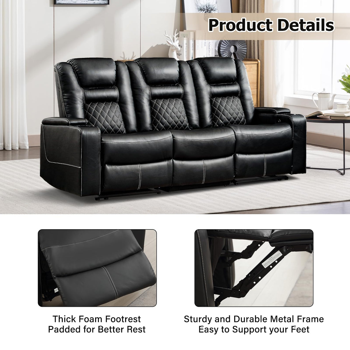 CANMOV Home Theater Seating Seats, Theater Recliner Chair Sofa, PU Leather 3 seat Power Recliner Sofa with Cup Holders, Hidden Arm Storage, USB Ports,Black CANMOV