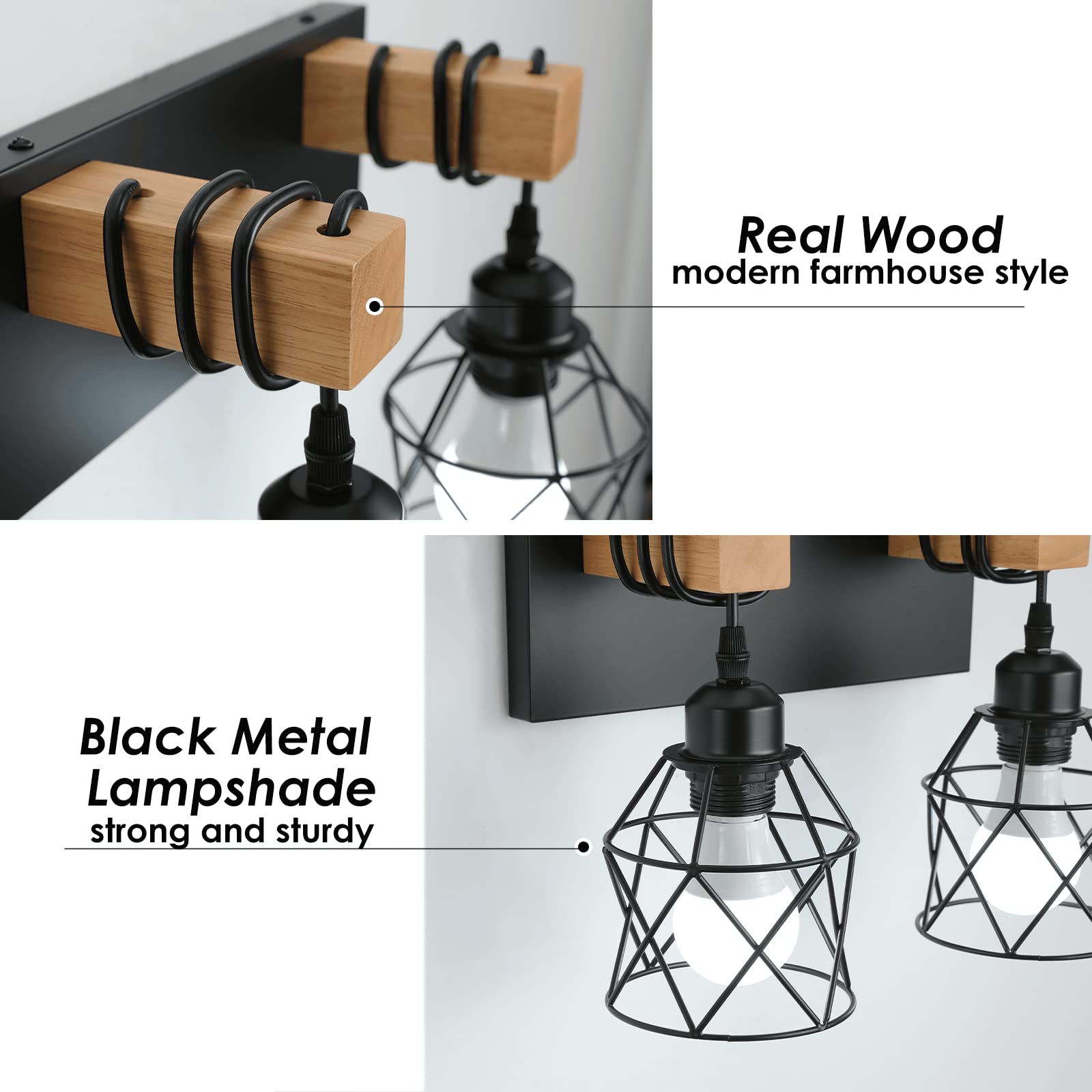 Farmhouse Vanity Light Fixture,5-Light Bathroom Lighting,Black Industrial Wood Wall Light Over Mirror with Metal Shade,LED Bulbs Included - WoodArtSupply