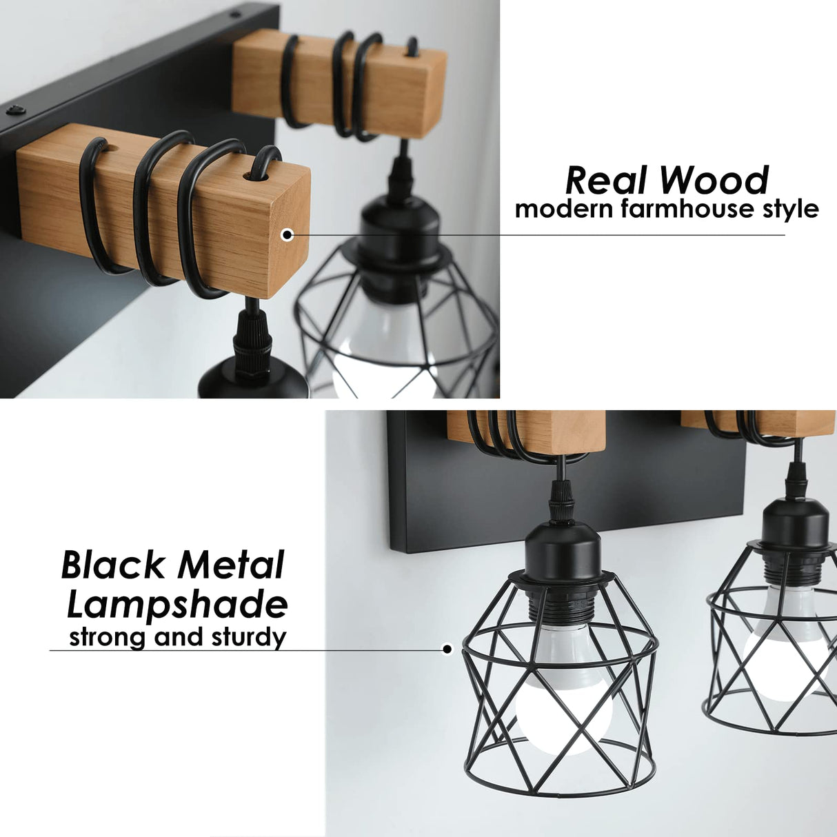 Farmhouse Vanity Light Fixture,2-Light Bathroom Lighting,Black Industrial Wood Wall Light Over Mirror with Metal Shade,LED Bulbs Included vivihobb