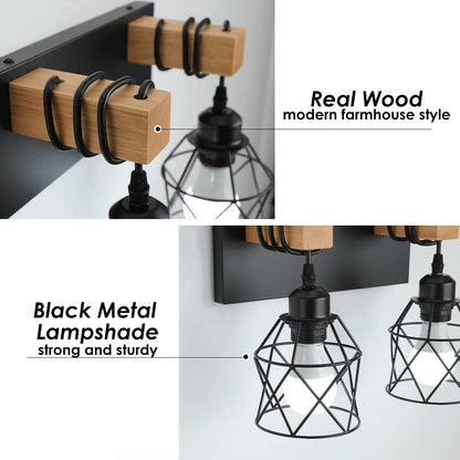 Farmhouse Vanity Light Fixture,4-Light Bathroom Lighting,Black Industrial Wood Wall Light Over Mirror with Metal Shade,LED Bulbs Included - WoodArtSupply