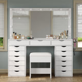 Yanosaku Vanity Desk with Mirror and Lights, Makeup Table with Charging Station, 3 Color Lighting Modes, 15 Drawers Dressing Table, Vanity with Chair for Bedroom, White Yanosaku