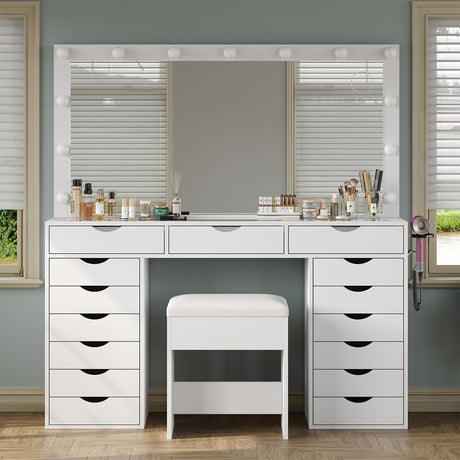 Yanosaku Vanity Desk with Mirror and Lights, Makeup Table with Charging Station, 3 Color Lighting Modes, 15 Drawers Dressing Table, Vanity with Chair for Bedroom, White Yanosaku