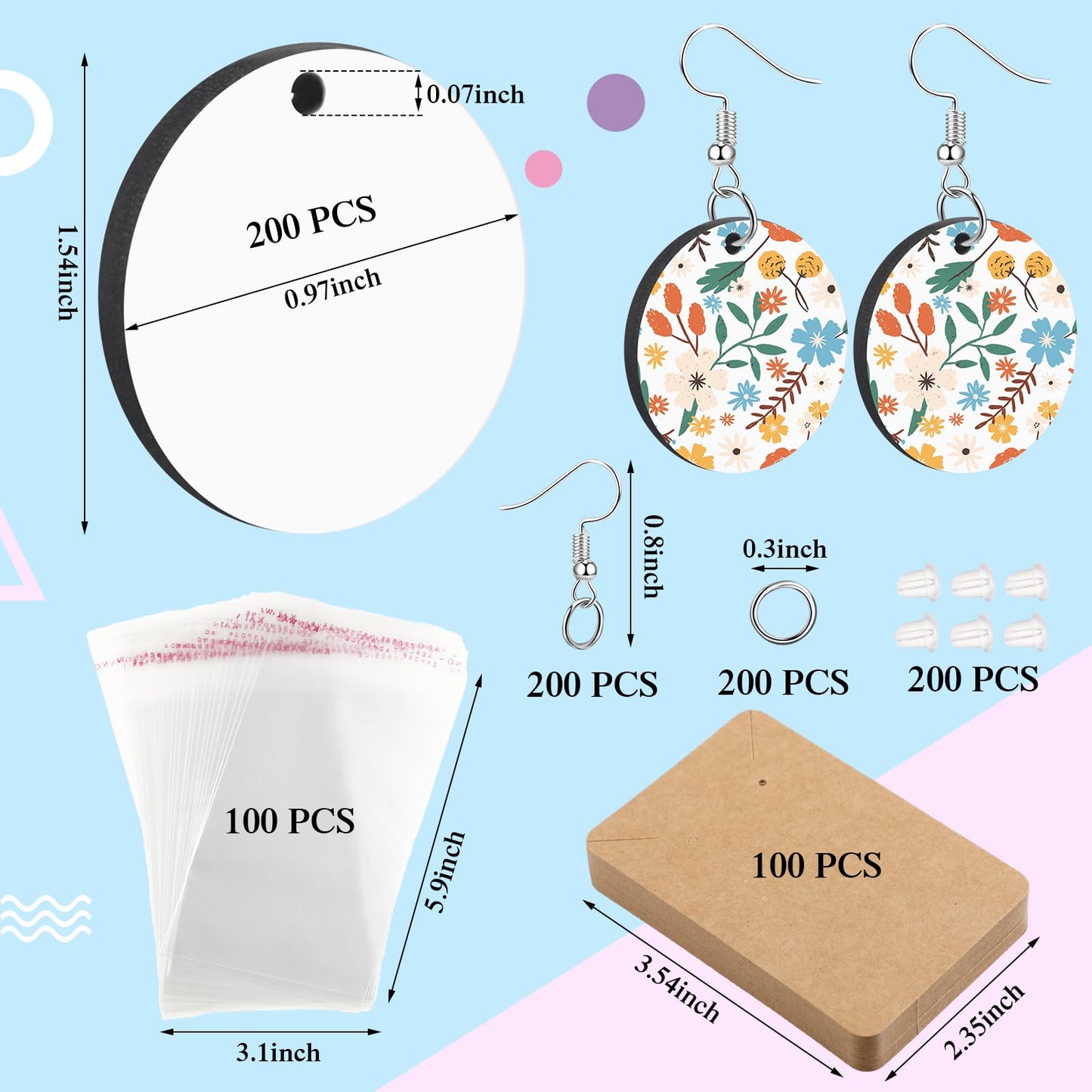 Riceshoot 800 Pieces Sublimation Earring Blanks Bulk with Earring Hooks, Jump Rings, Ear Plugs, Earring Cards Holder and Transparent Packaging Bags Unfinished MDF Earrings for DIY Making (Round)