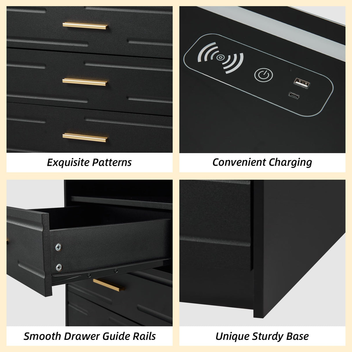 EROMMY LED Nightstand with Wireless Charging Station, Smart Night Stand with Color Adjustable Brightness Lights, Touch Screen Bedside Table with Glass Top, Drawers, Side Table for Bedroom EROMMY