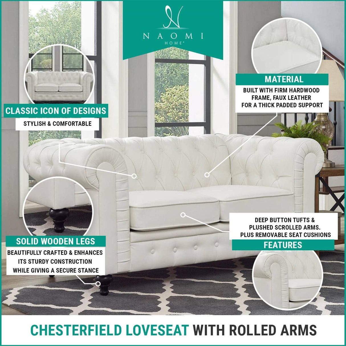 Chesterfield Sofa Set Loveseat Only Vintage Couch Farmhouse Furniture Living Room Tufted Loveseat Modern Chesterfield Loveseat Tufted Couch for Bedroom Leather Sofas for Living Room - Off White Naomi Home