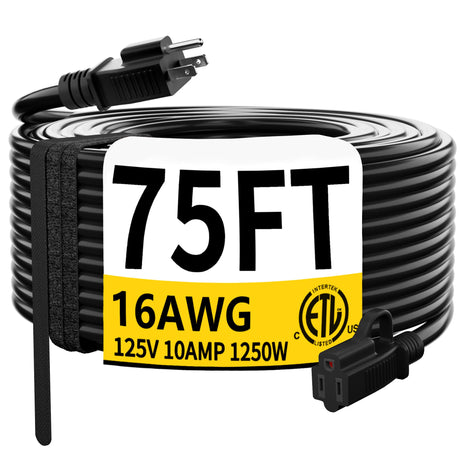 HUANCHAIN Black Outdoor Extension Cord 75 FT Waterproof, Flexible 16/3 Gauge Heavy Duty Power Cord Extension 3 Prong 10A 1250W SJTW ETL Listed huanchain